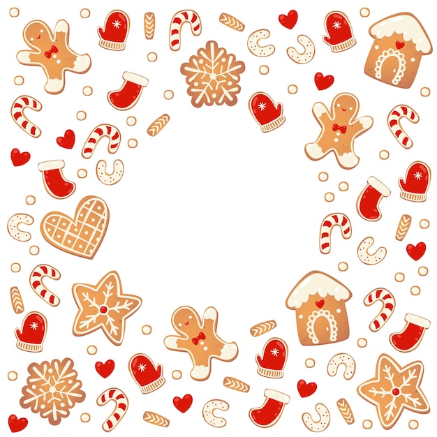 Christmas gingerbread cookies round frame isolated. New year design elements. Cartoon hand drawn vector illustration