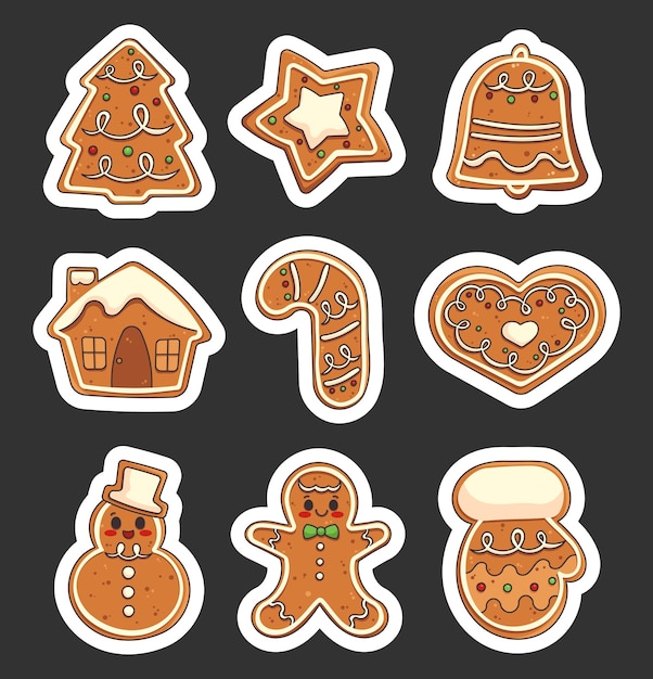 Vector christmas gingerbread cookies sticker bookmark homemade baking hand drawn style