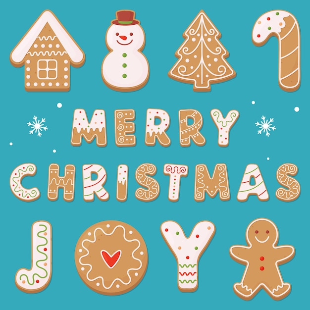 Vector christmas gingerbread food for winter holidays gingerbread inscriptions and other symbols of christmas