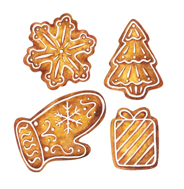 Vector christmas gingerbread in the form of snowflakes, christmas trees, mittens and gifts. new year's baking.