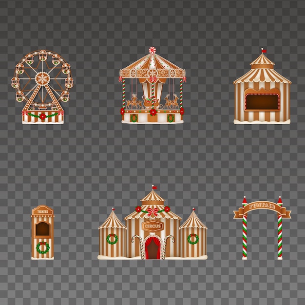 Vector christmas gingerbread funfair with isolated ferris wheel