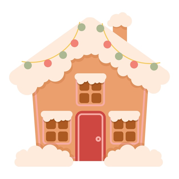 Christmas gingerbread house flat with sprinkles and garland