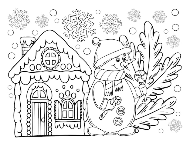 Рождественский пряничный домик векторная раскраска Снеговик еловая ветка снежинка Сладкое праздничное печенье Ручной рисунок линии искусства зимняя иллюстрация С праздником Книжка-раскраска для детей и взрослых