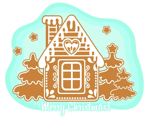 Christmas gingerbread house with fir trees and text Merry christmas. Illustration, vector