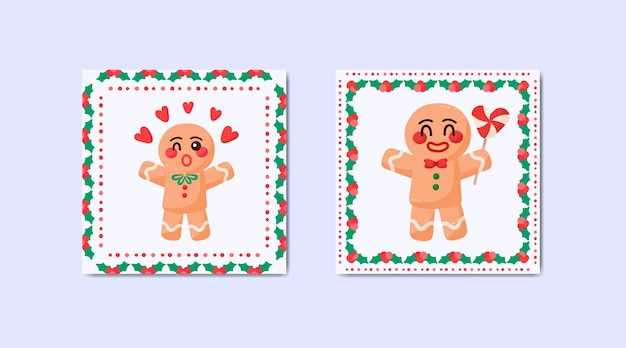 Christmas Gingerbread man cute postal mail stamps sticker set frame design. vector illustration.