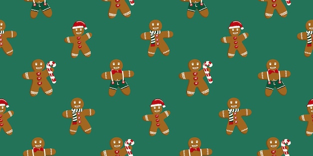 Christmas gingerbread man on turquoise background seamless pattern simple flat cartoon design vector