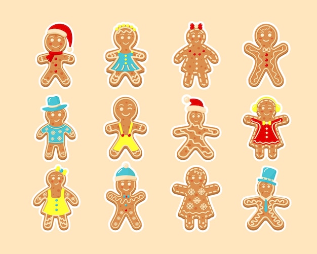 Christmas gingerbread men and women stickers New Year decorative glazed cookies Winter sweets