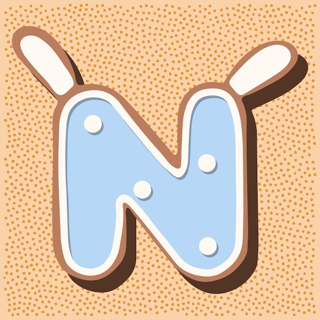 Vector christmas gingerbread in the shape of the letter with rabbit ears white blue glaze polka dots