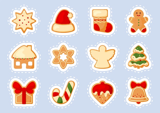 Vector christmas gingerbread sticker cut line sugar glaze cookie flat set winter dessert santa hat sock house star snowflake angel xmas tree gift bow ribbon ginger man candy cane bell sticky icing isolated