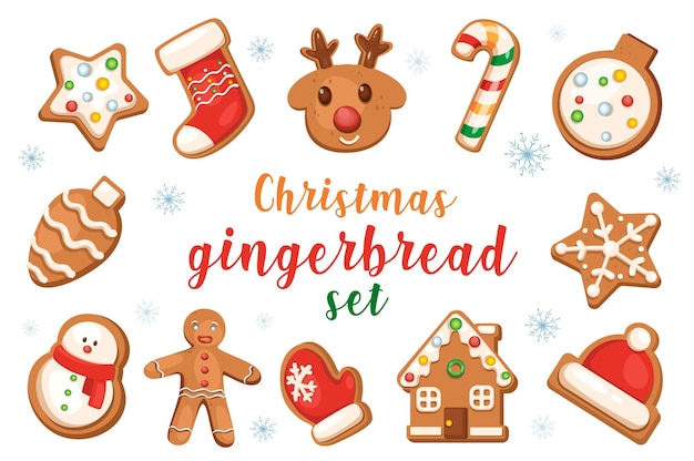 Vector christmas gingerbreads set with isolated elements in flat cartoon design