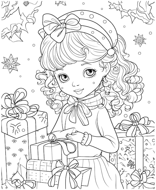 Christmas Girl And Gifts Coloring Page