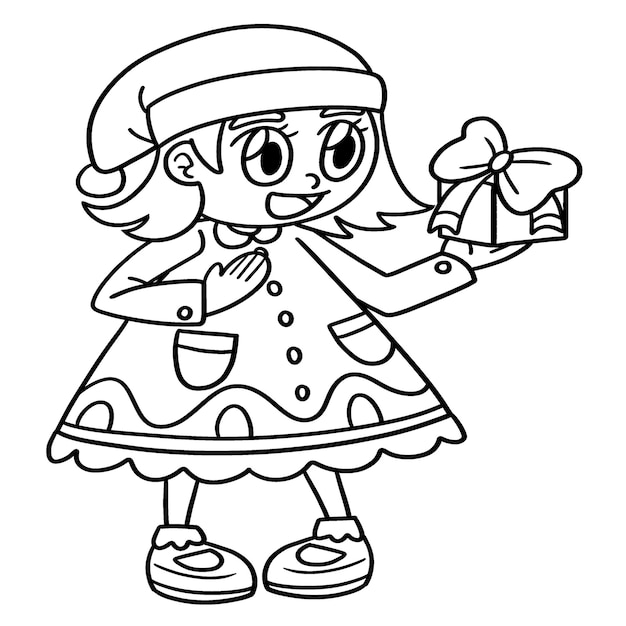 Christmas Girl Holding A Gift Isolated Coloring