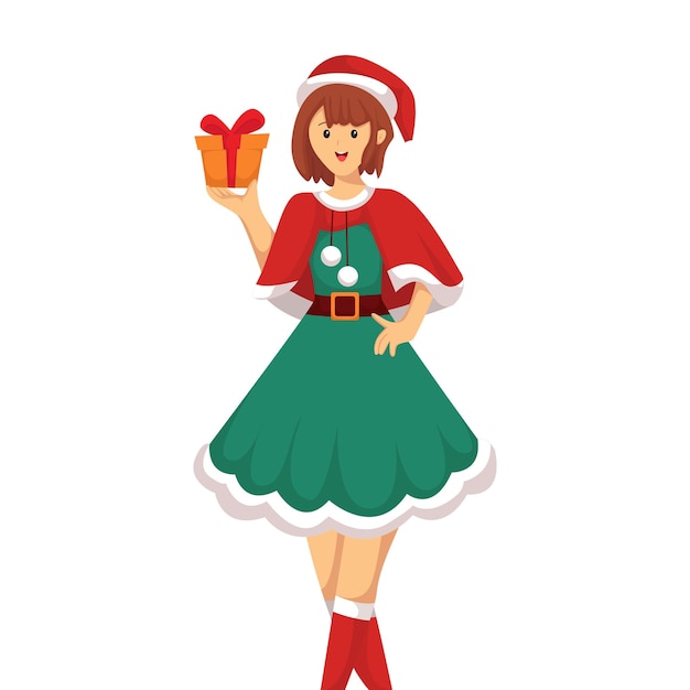 Christmas Girl with Gift Character Design Illustration