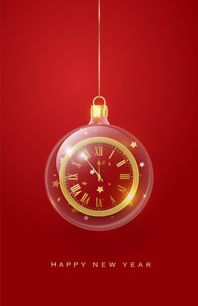 Vettore palla di vetro di natale ornamenti decorazioni natalizie baubles palla trasparente e orologio appesi in oro