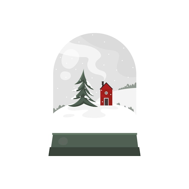 Vettore palla di vetro di natale con albero di natale e casa con fiocchi di neve in stile piatto