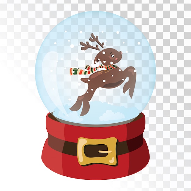 Vector christmas glass magic ball with santa claus deer. transparent glass sphere with snowflakes.