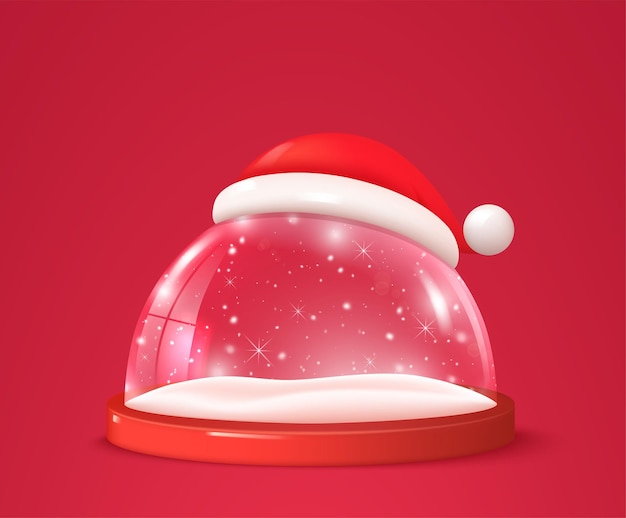 Christmas glass snow ball with snowdrift falling snow on red podium Transparent glass dome with santa hat