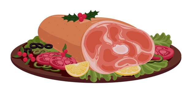 Вектор Рождественская глазурированная ветчина зимняя праздничная еда жареная ветчина с овощами рождественское мясное блюдо плоская векторная иллюстрация праздничная рождественская еда