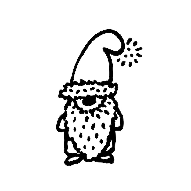 Christmas gnome dwarf elf doodle style one black and white magic single