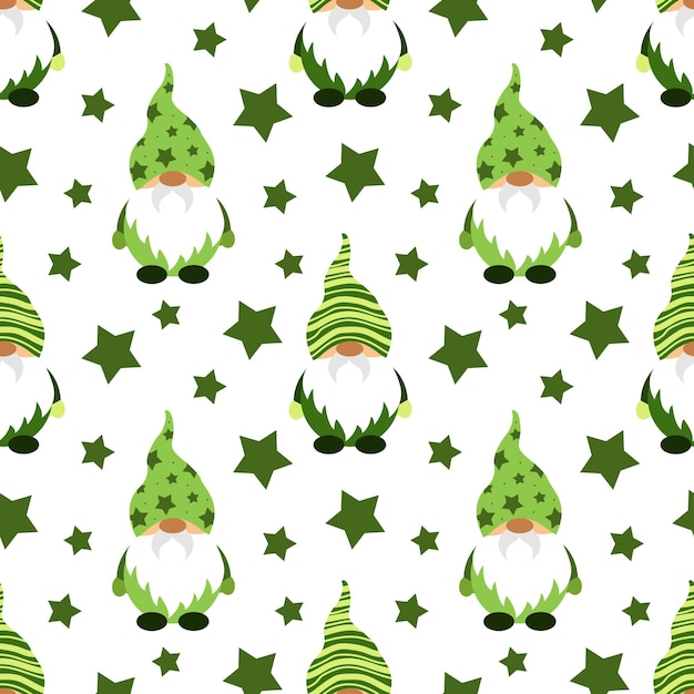 Christmas gnome pattern with green stars on white background