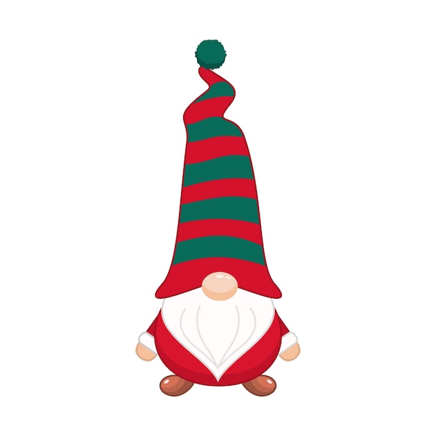 Vector christmas gnome in striped cap greeting new years character in red green hat
