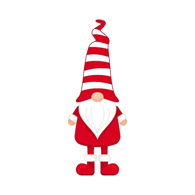 Vector christmas gnome in striped long cap with festive red boots