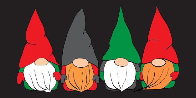 Christmas gnome vector Cute scandinavian gnomes in santa hats in cartoon style Greeting Christmas card with Scandinavian holiday characters isolated on dark background