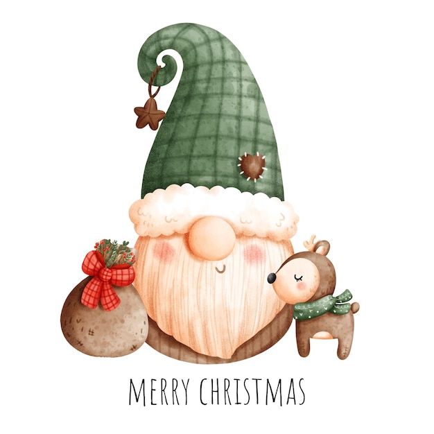 Christmas gnome watercolor greeting card