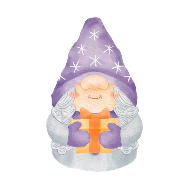 Vector christmas gnome with a gift watercolor illustration girl gnome clipart winter background