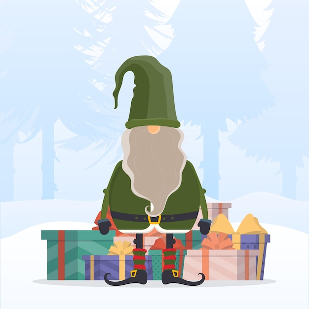 Gnomo di natale con una montagna di regali in un bosco innevato. inverno, un uomo con la barba in abiti verdi. adatto per cartoline e libri. vettore.