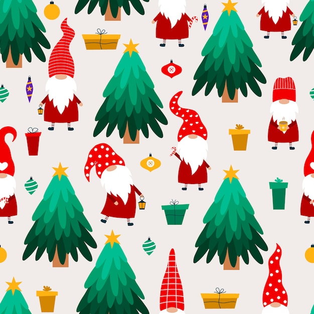 クリスマスノームとクリスマスツリー。手描きのパターン
