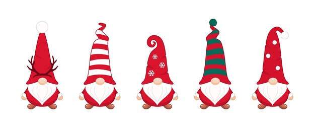 Vector christmas gnomes in long caps cute new years character with striped in snowflakes