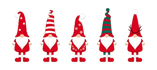 Vector christmas gnomes in long caps and red boots holiday new years character with striped in snowflakes