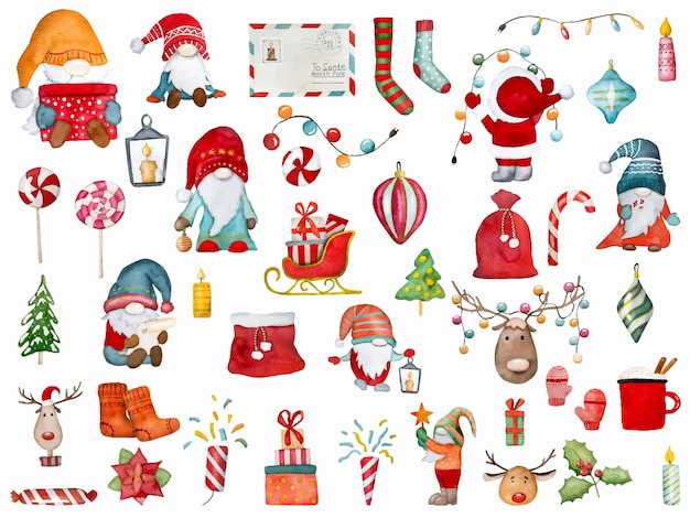 christmas gnomes santa claus helpers winter watercoor drawings set with xmas socks and gifts new