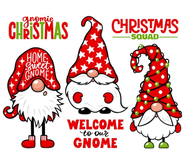 Christmas gnomes vector set. christmas quotes. cute elf isolated on white. cartoon characters. xmas design for holidays decoration, greeting cards, gift tags, t-shirt print.