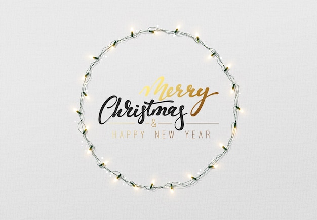 Christmas gold background with realistic decoration round ring from glass light garland. Merry Christmas Greeting card. Happy new year. Festive bright design. Xmas Holiday poster. vector illustration