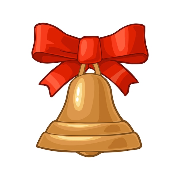 Christmas gold bell with red bow. isolated on white background. vector vintage color flat and engraving illustration.