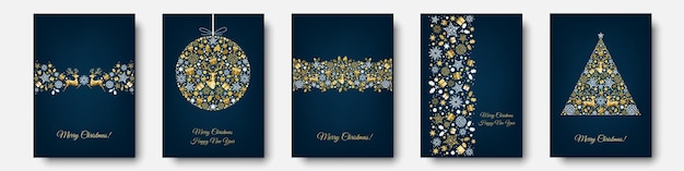 向量圣诞黄金模式。金色,白色装饰。新年快乐,蓝色背景。圣诞驯鹿、礼物、雪花。向量贺卡的模板。