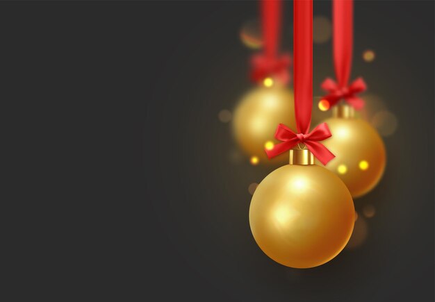 Christmas golden balls hang on red ribbon with bow. Xmas bauble with realistic light blur bokeh effect.