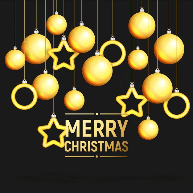 黒の背景に分離されたゴールデン リボンに掛かっているクリスマス ゴールデン ボール現実的な新年の 3 d デザインお祭りのクリスマスの装飾つまらないものをぶら下げベクトル