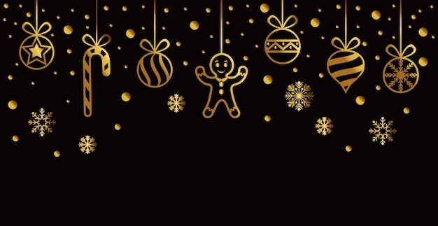 Christmas golden Christmas decorations and candies on a black background - Vector