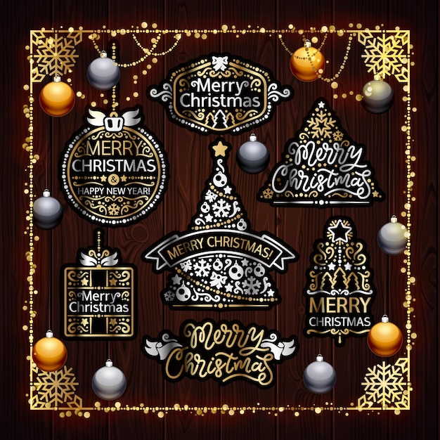 Vector christmas golden decorations set with colorful lights