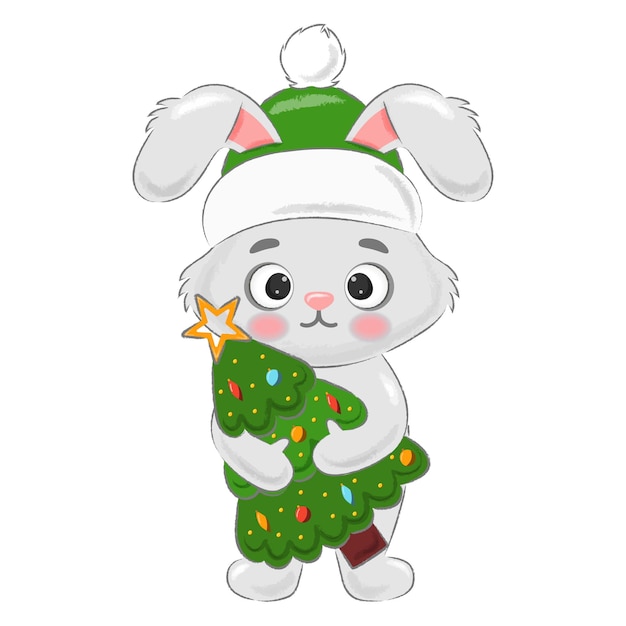 Vector christmas gray rabbit with a christmas tree in his hands