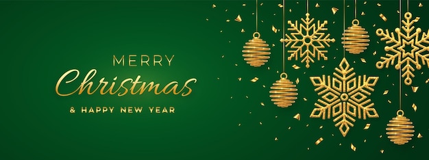 Рождественский зеленый фон с висящими блестящими золотыми снежинками и шарами Поздравительная открытка с Рождеством Праздник Рождества и Нового года плакат веб-баннер Векторная иллюстрация