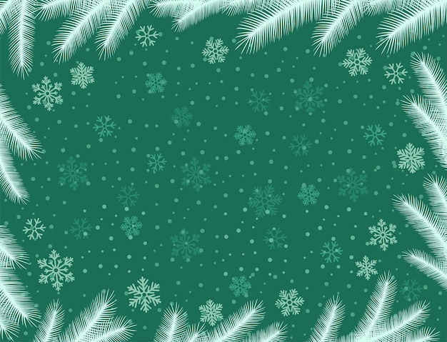 Christmas green background with snowflakes and fir. Holiday card, greeting card. Vector illustration