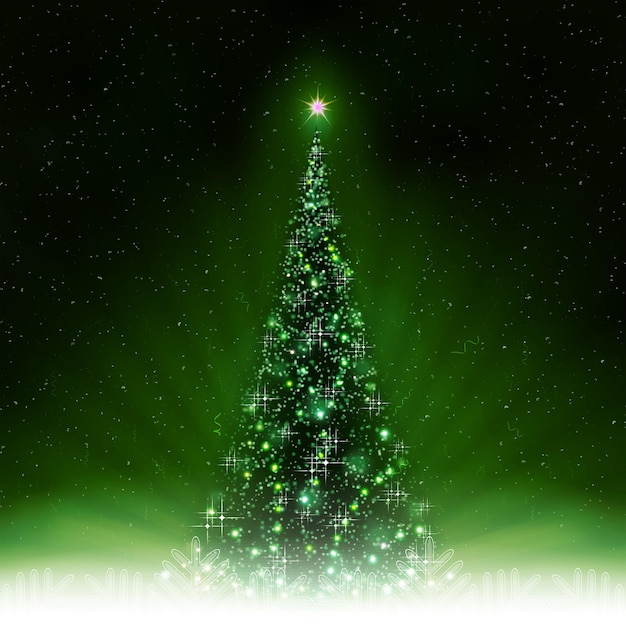 벡터 빛의 광선으로 빛나는 크리스마스 트리와 크리스마스 그린 카드