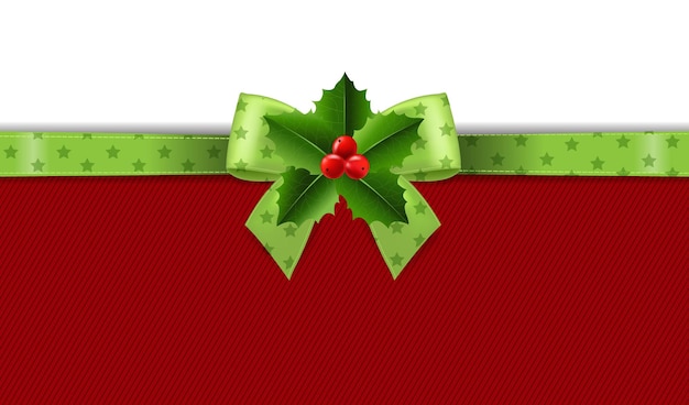 Vector christmas green ribbon with holly berry white background with gradient mesh, vector illustration