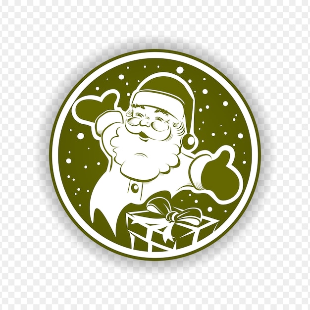 Christmas green round sign with Santa Claus and box silhouettes