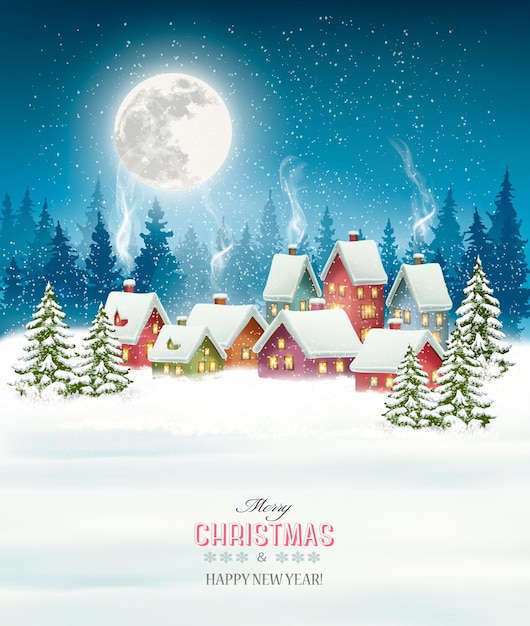 Vector christmas greeting card against snow covered village