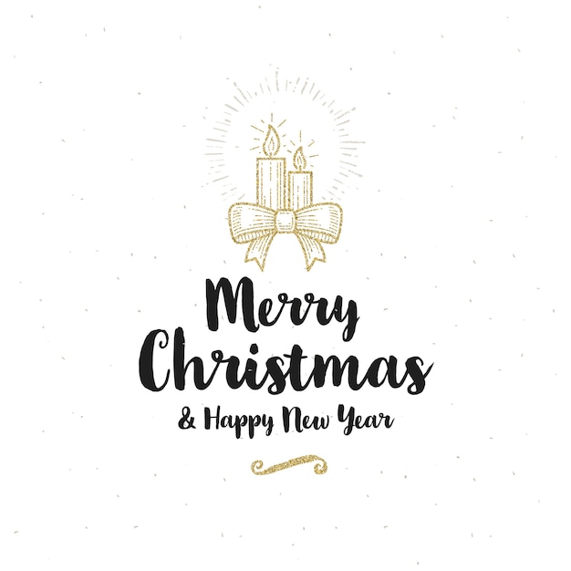 Vector christmas greeting card - calligraphy greeting and glitter gold christmas candles with ribbons bow.